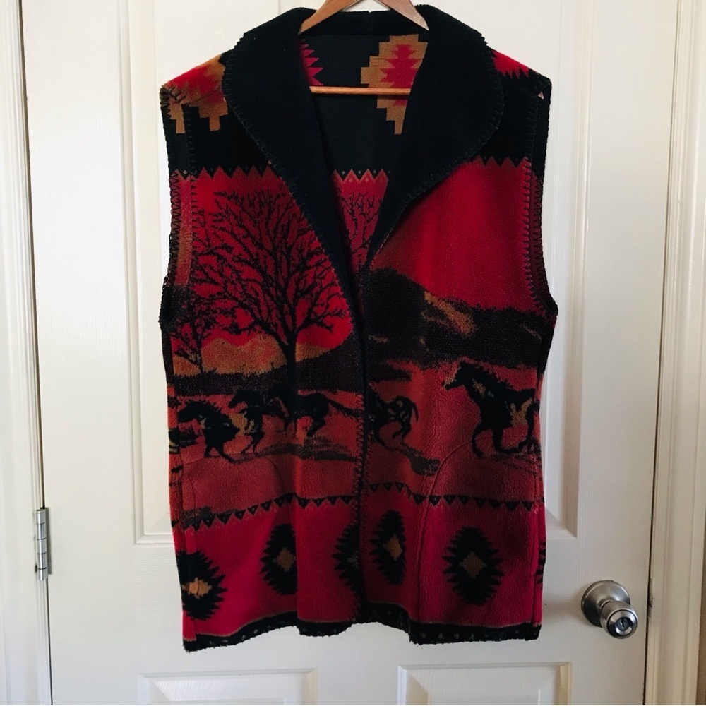 Vintage Aztec & Horses Print Fleece Women’s Vest Open Front Unlined Size Small